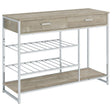 Melrose 2-Shelf Wine Cabinet With 2 Drawers Gray Washed Oak And Chrome 182275 - Ella Furniture