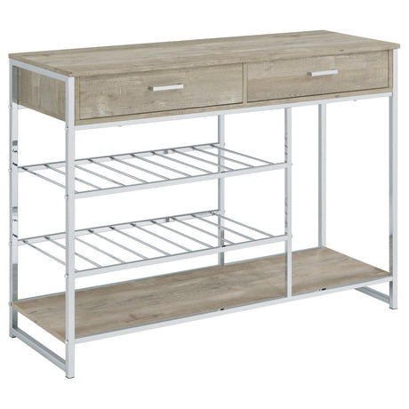 Melrose 2-Shelf Wine Cabinet With 2 Drawers Gray Washed Oak And Chrome 182275 - Ella Furniture