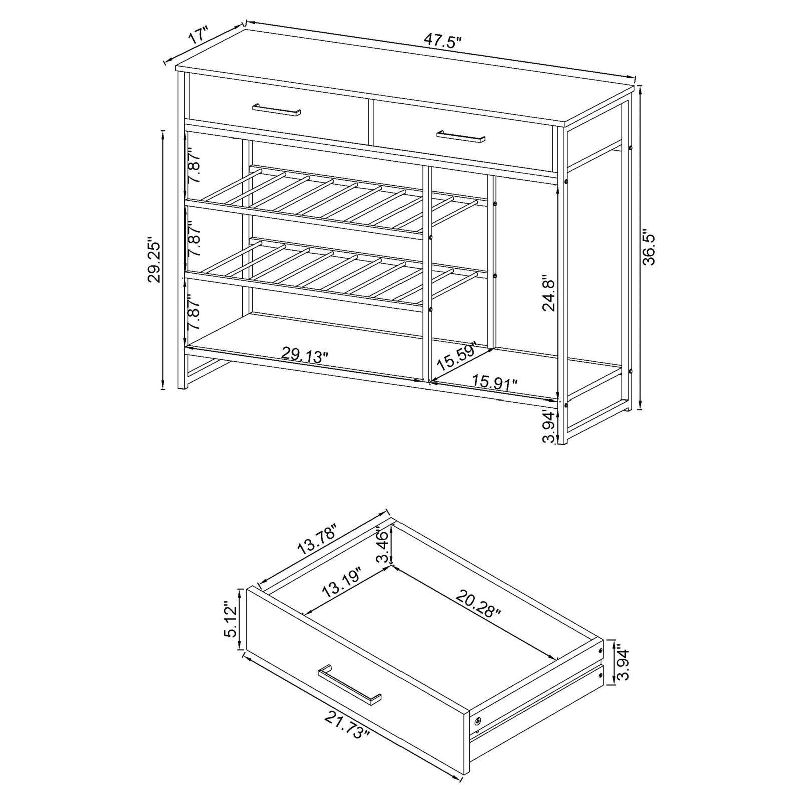 Melrose 2-Shelf Wine Cabinet With 2 Drawers Gray Washed Oak And Chrome 182275 - Ella Furniture