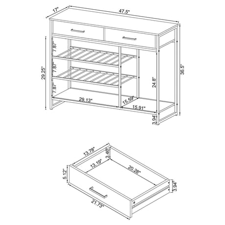 Melrose 2-Shelf Wine Cabinet With 2 Drawers Gray Washed Oak And Chrome 182275 - Ella Furniture