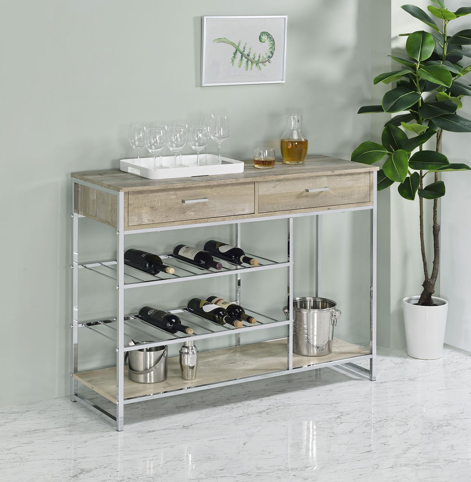 Melrose 2-Shelf Wine Cabinet With 2 Drawers Gray Washed Oak And Chrome 182275 - Ella Furniture