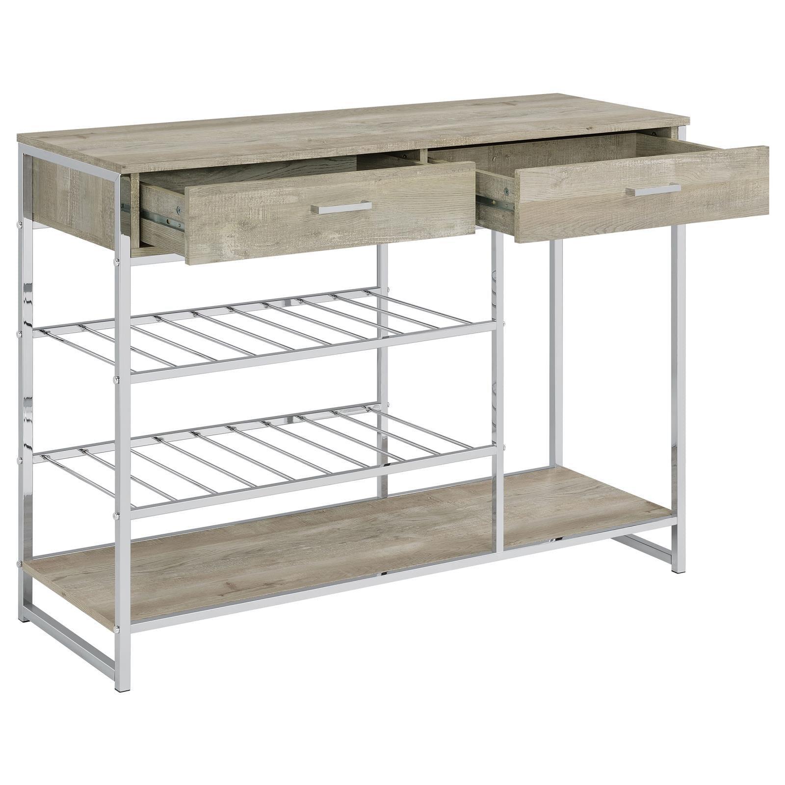 Melrose 2-Shelf Wine Cabinet With 2 Drawers Gray Washed Oak And Chrome 182275 - Ella Furniture