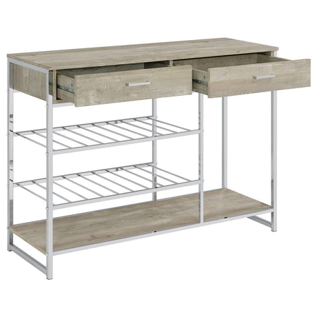 Melrose 2-Shelf Wine Cabinet With 2 Drawers Gray Washed Oak And Chrome 182275 - Ella Furniture