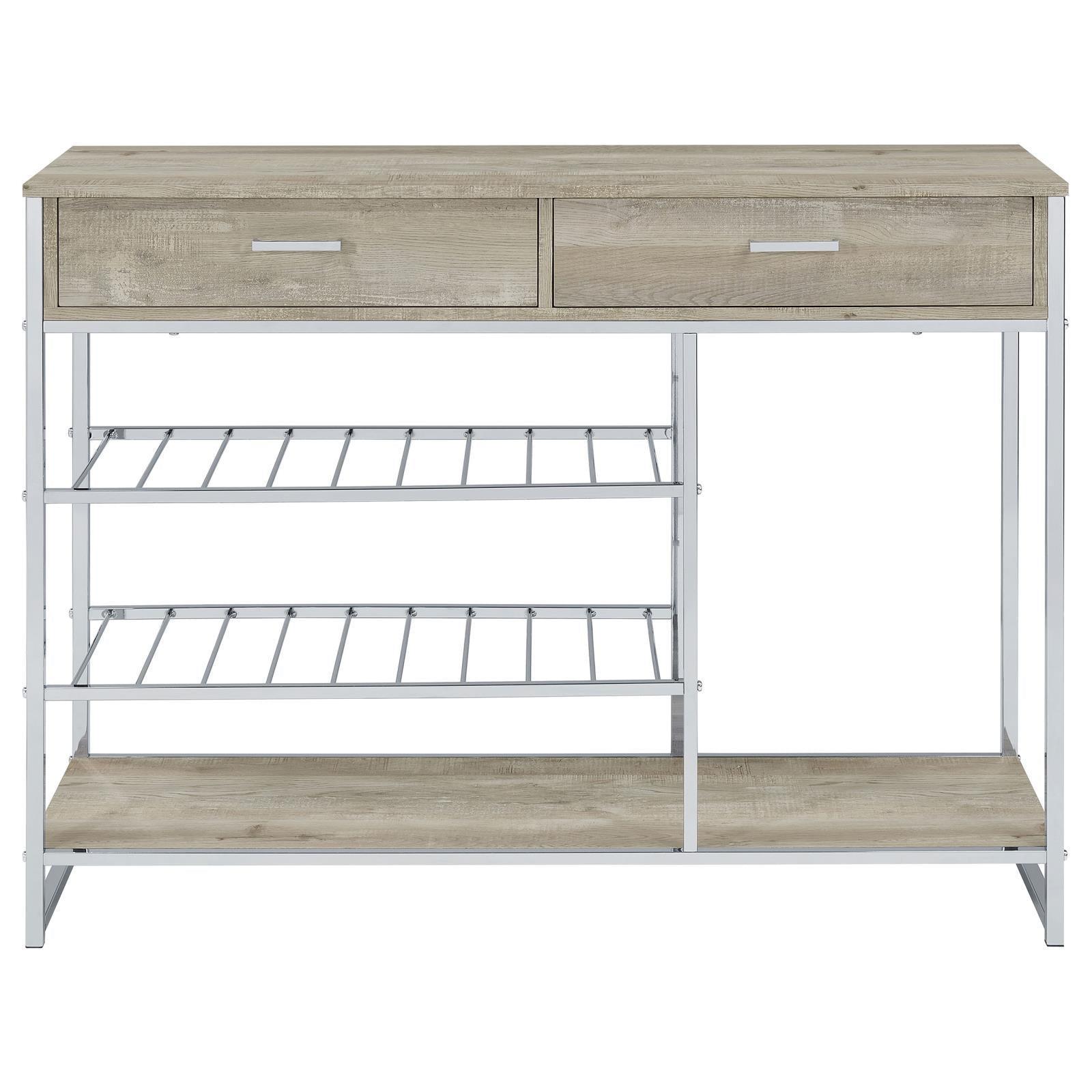 Melrose 2-Shelf Wine Cabinet With 2 Drawers Gray Washed Oak And Chrome 182275 - Ella Furniture