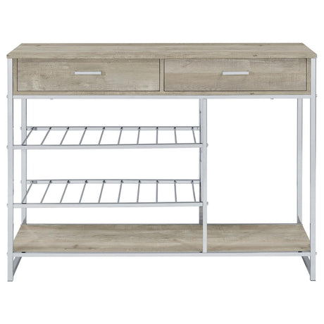 Melrose 2-Shelf Wine Cabinet With 2 Drawers Gray Washed Oak And Chrome 182275 - Ella Furniture
