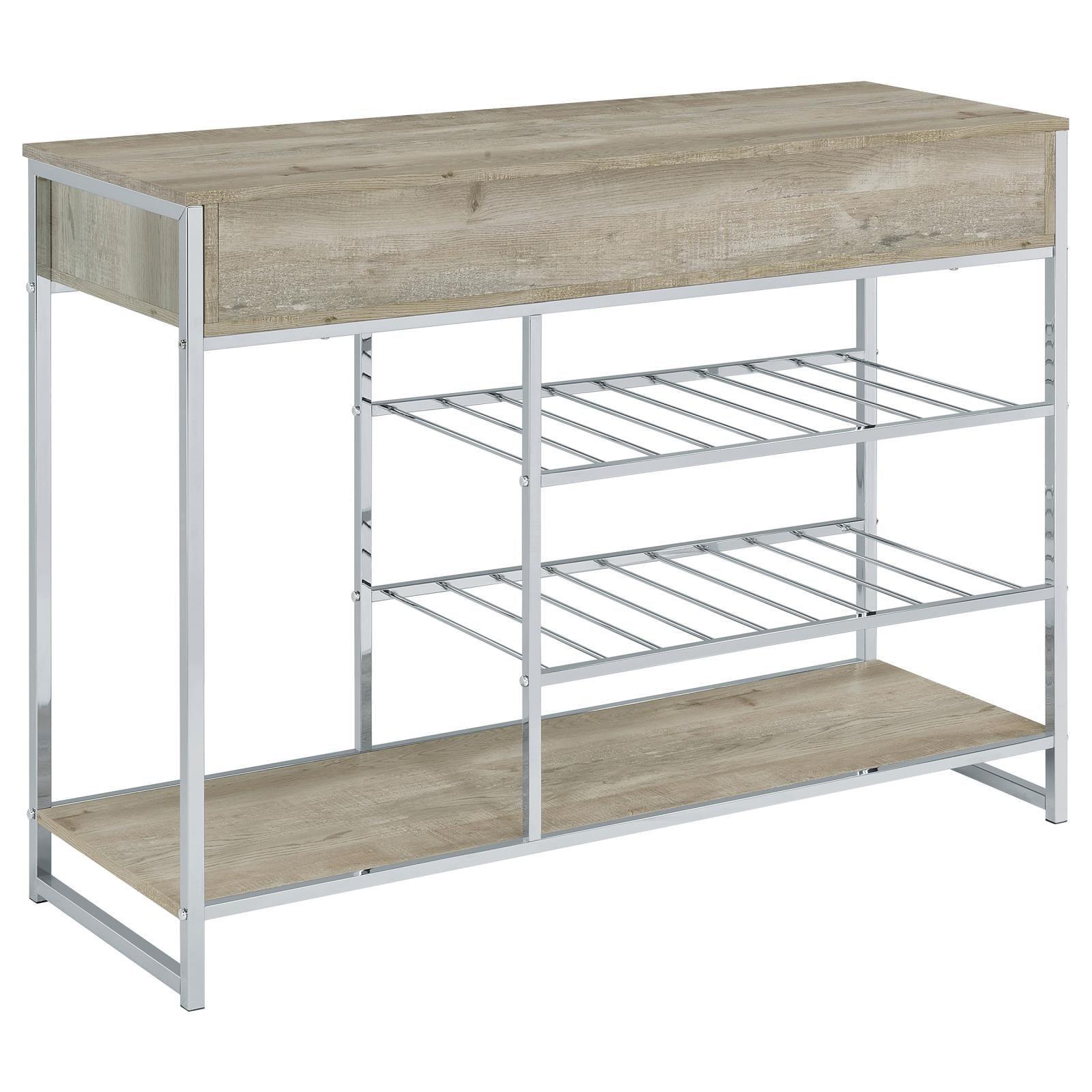 Melrose 2-Shelf Wine Cabinet With 2 Drawers Gray Washed Oak And Chrome 182275 - Ella Furniture