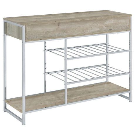 Melrose 2-Shelf Wine Cabinet With 2 Drawers Gray Washed Oak And Chrome 182275 - Ella Furniture