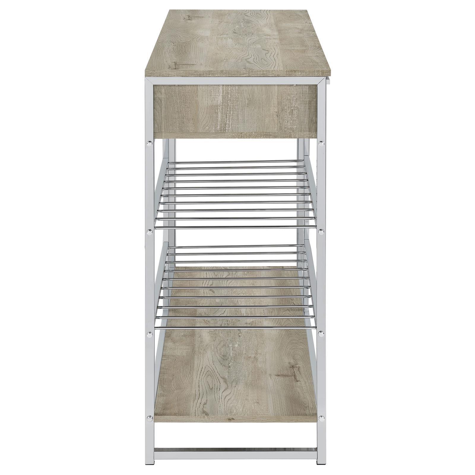 Melrose 2-Shelf Wine Cabinet With 2 Drawers Gray Washed Oak And Chrome 182275 - Ella Furniture