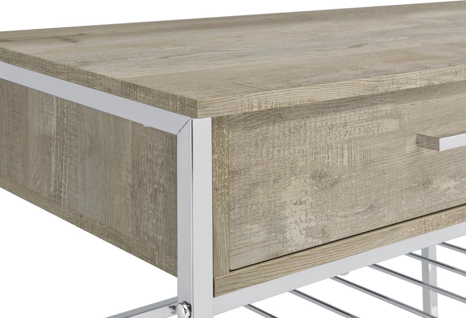 Melrose 2-Shelf Wine Cabinet With 2 Drawers Gray Washed Oak And Chrome 182275 - Ella Furniture