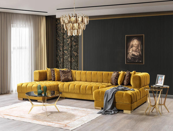 Mia Mustard Velvet Double Chaise Sectional - Ella Furniture
