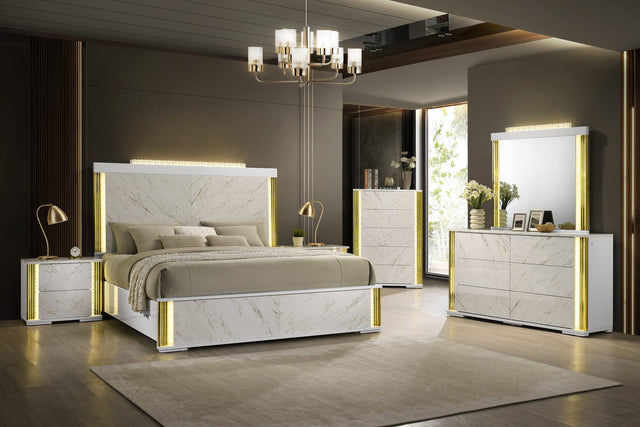 Mika Ultra-Modern Faux White Marble Bedroom Set with Warm Gold Veining and LED Ambient Lighting from Ella Furniture