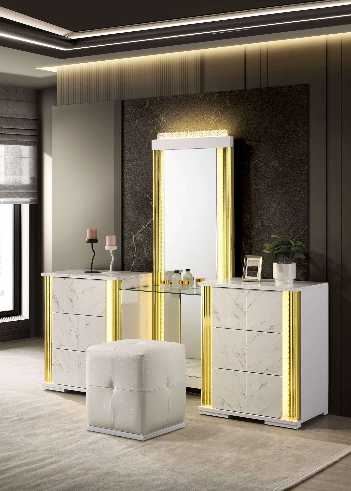 Mika Ultra-Modern Faux White Marble Bedroom Set with Warm Gold Veining and LED Ambient Lighting view 3