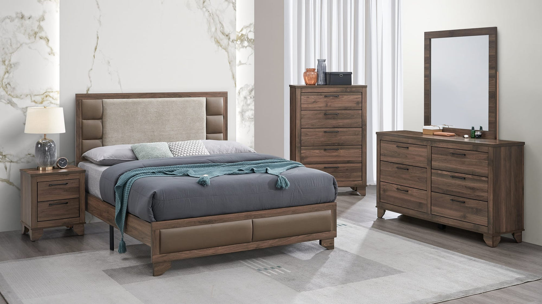 Mily Modern Walnut Upholstered Bedroom Set from Ella Furniture