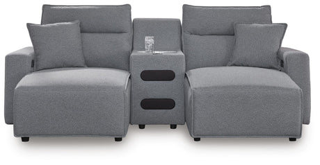 Modmax II Salt and Pepper Next-Gen Nuvella™ 3-Piece Power Reclining Sectional with Chaise and Audio Console view 2