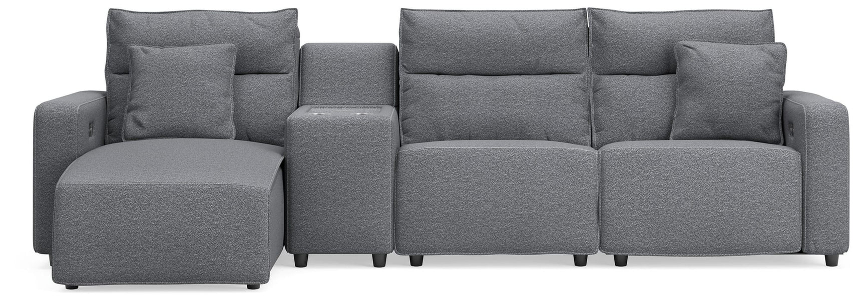 Modmax II Salt and Pepper Next-Gen Nuvella™ 4-Piece Reclining Sectional with Chaise and Console from Ella Furniture