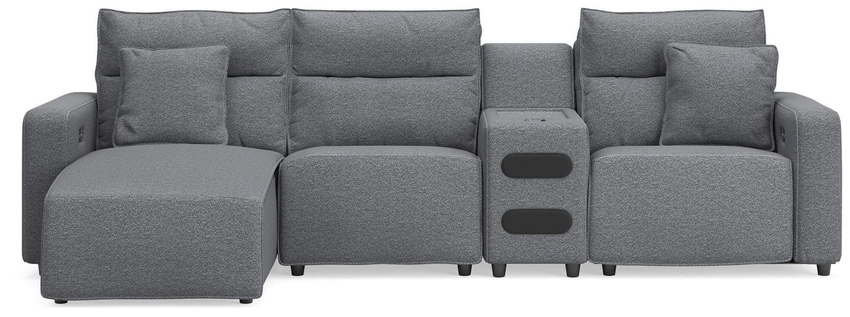 Modmax II Salt and Pepper Next-Gen Nuvella™ 4-Piece Reclining Sectional with Chaise and Audio Console from Ella Furniture