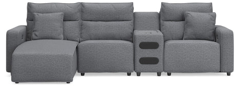 Modmax II Salt and Pepper Next-Gen Nuvella™ 4-Piece Reclining Sectional with Chaise and Audio Console from Ella Furniture