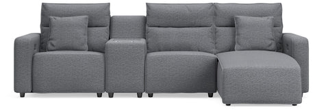 Modmax II Salt and Pepper Next-Gen Nuvella™ 4-Piece Reclining Sectional with Chaise and Console from Ella Furniture
