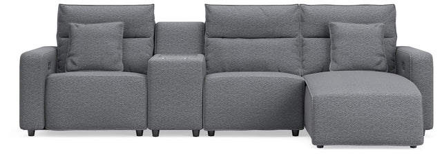 Modmax II Salt and Pepper Next-Gen Nuvella™ 4-Piece Reclining Sectional with Chaise and Console from Ella Furniture