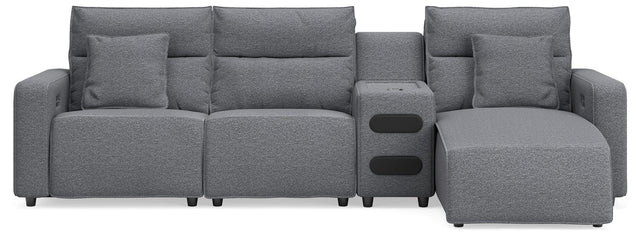 Modmax II Salt and Pepper Next-Gen Nuvella™ 4-Piece Reclining Sectional with Chaise and Audio Console from Ella Furniture