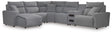 Modmax II Salt and Pepper Next-Gen Nuvella™ 6-Piece Reclining Sectional with Chaise and Audio Console from Ella Furniture