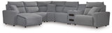 Modmax II Salt and Pepper Next-Gen Nuvella™ 6-Piece Reclining Sectional with Chaise and Audio Console from Ella Furniture