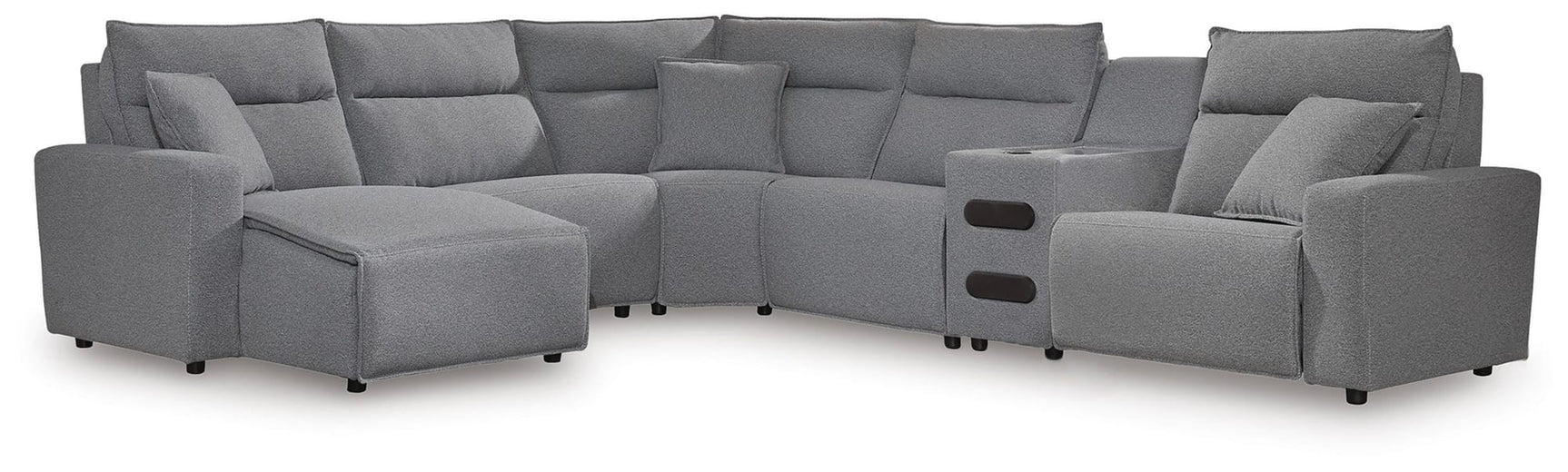 Modmax II Salt and Pepper Next-Gen Nuvella™ 6-Piece Reclining Sectional with Chaise and Audio Console from Ella Furniture
