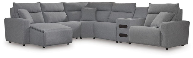 Modmax II Salt and Pepper Next-Gen Nuvella™ 6-Piece Reclining Sectional with Chaise and Audio Console from Ella Furniture