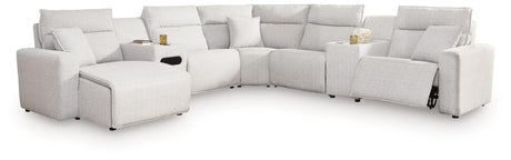 Modmax II Stone 7-Piece Power Reclining Sectional with Chaise and Audio Console from Ella Furniture