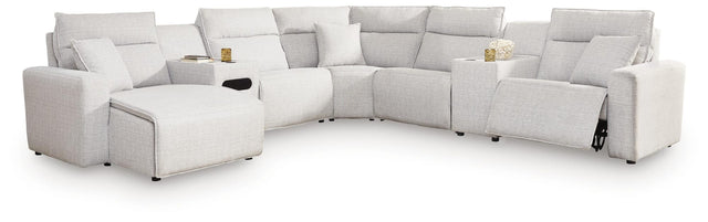 Modmax II Stone 7-Piece Power Reclining Sectional with Chaise and Audio Console from Ella Furniture