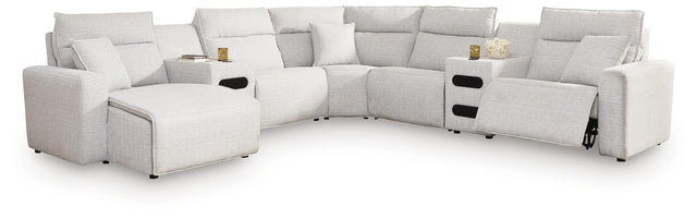 Modmax II Stone 7-Piece Power Reclining Sectional with Chaise and Audio Consoles from Ella Furniture