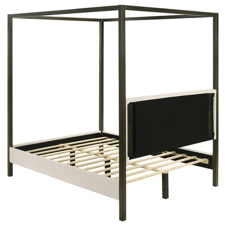 Monroe Upholstered Eastern King Canopy Platform Bed Vanilla And Bronze 300834Ke - Ella Furniture