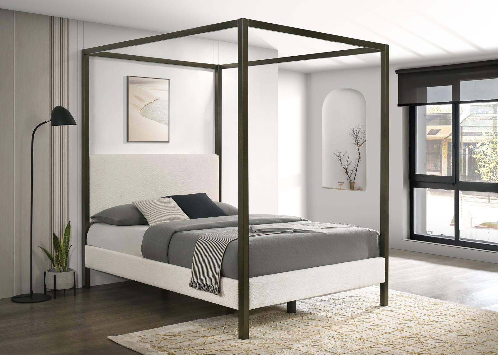 Monroe Upholstered Queen Canopy Platform Bed Vanilla And Bronze 300834Q - Ella Furniture