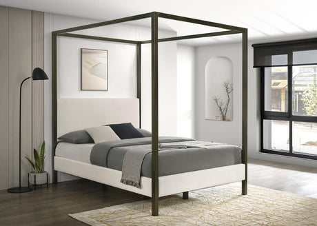 Monroe Upholstered Queen Canopy Platform Bed Vanilla And Bronze 300834Q - Ella Furniture