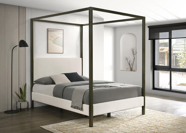 Monroe Upholstered Queen Canopy Platform Bed Vanilla And Bronze 300834Q - Ella Furniture