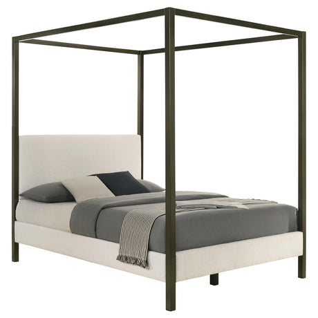 Monroe Upholstered Queen Canopy Platform Bed Vanilla And Bronze 300834Q - Ella Furniture