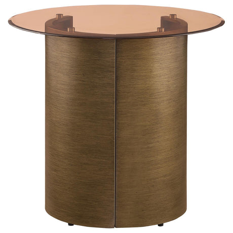 Morena Round End Table With Tawny Tempered Glass Top Brushed Bronze 721597 - Ella Furniture