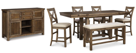 Moriville Grayish Brown Counter Height Dining Table And 4 Barstools And Bench With Storage - Ella Furniture