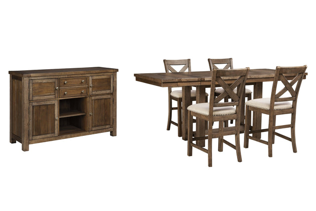 Moriville Grayish Brown Counter Height Dining Table And 4 Barstools With Storage - Ella Furniture