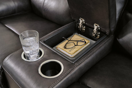 Mountainous Eclipse Leather Power Reclining Loveseat - Ella Furniture