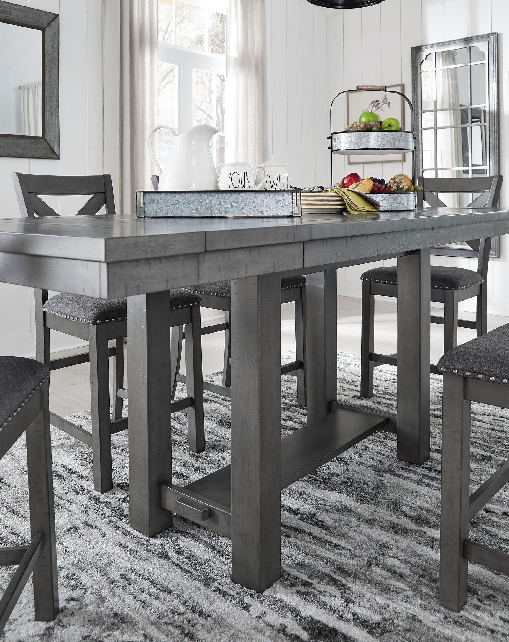 Myshanna Gray Counter Height Dining Table And 4 Barstools And Bench - Ella Furniture