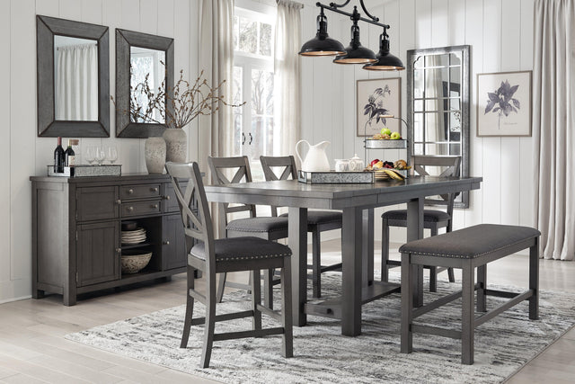 Myshanna Gray Counter Height Dining Table And 4 Barstools And Bench With Storage - Ella Furniture