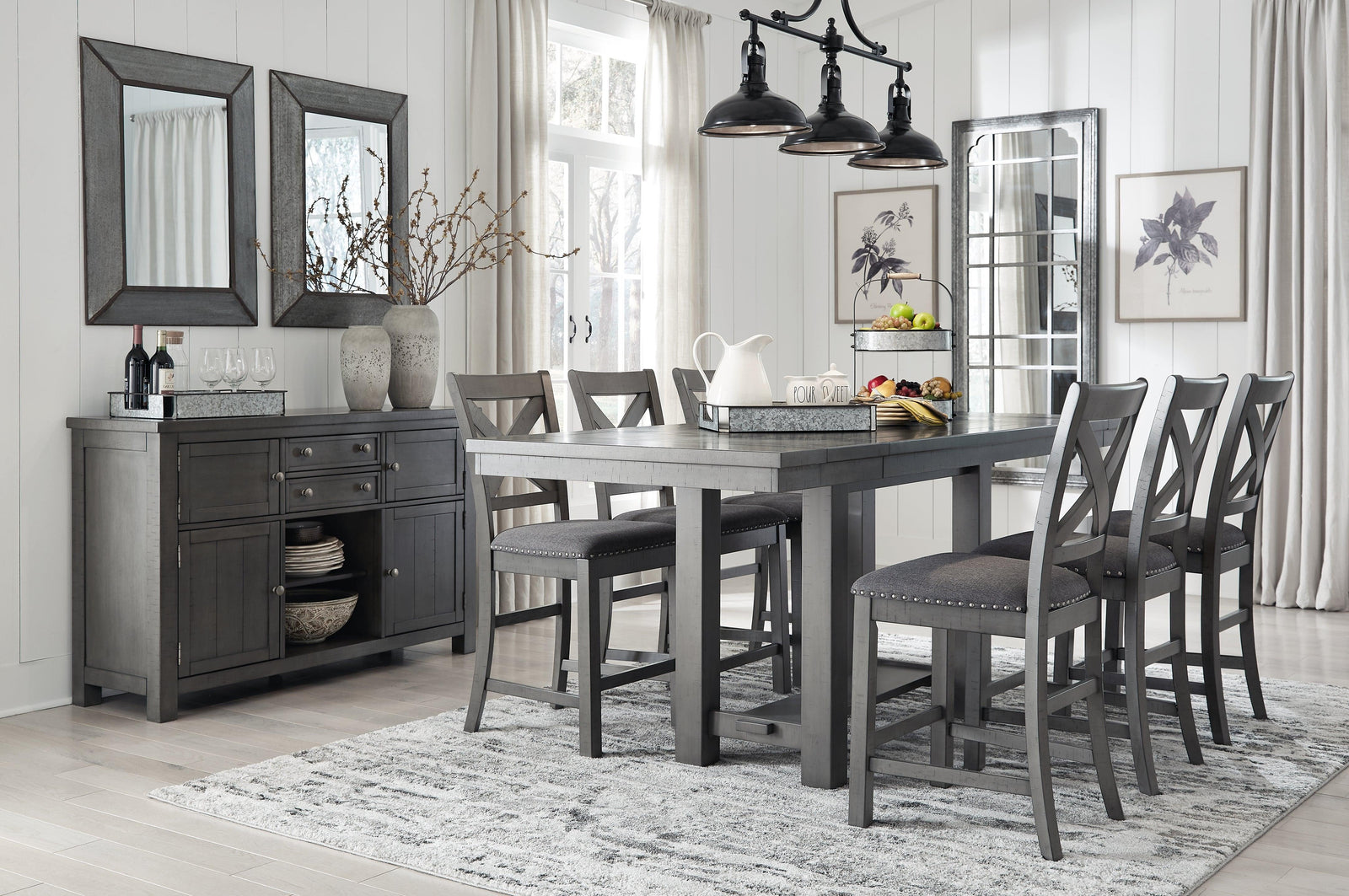 Myshanna Gray Counter Height Dining Table And 6 Barstools With Storage - Ella Furniture