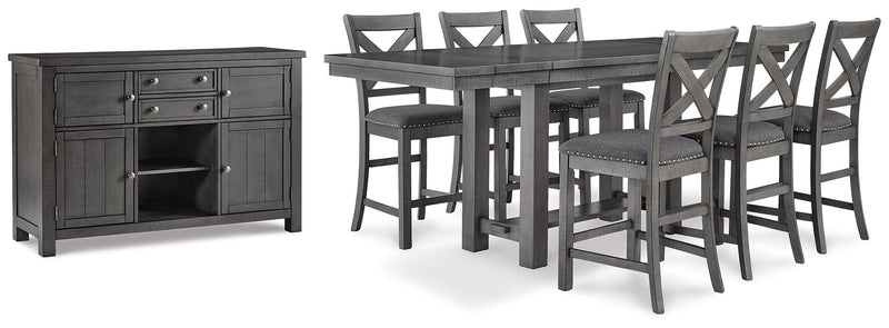 Myshanna Gray Counter Height Dining Table And 6 Barstools With Storage - Ella Furniture