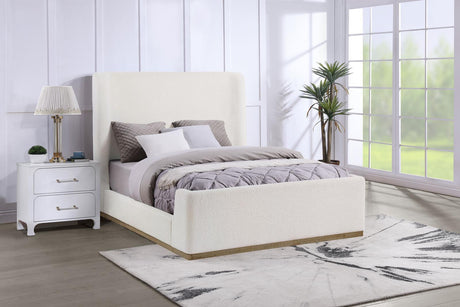 Nala Upholstered Eastern King Wingback Platform Sleigh Bed Cream 302046Ke - Ella Furniture