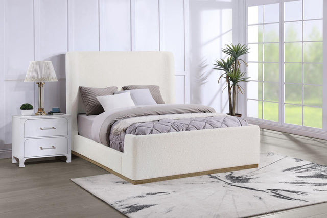 Nala Upholstered Eastern King Wingback Platform Sleigh Bed Cream 302046Ke - Ella Furniture