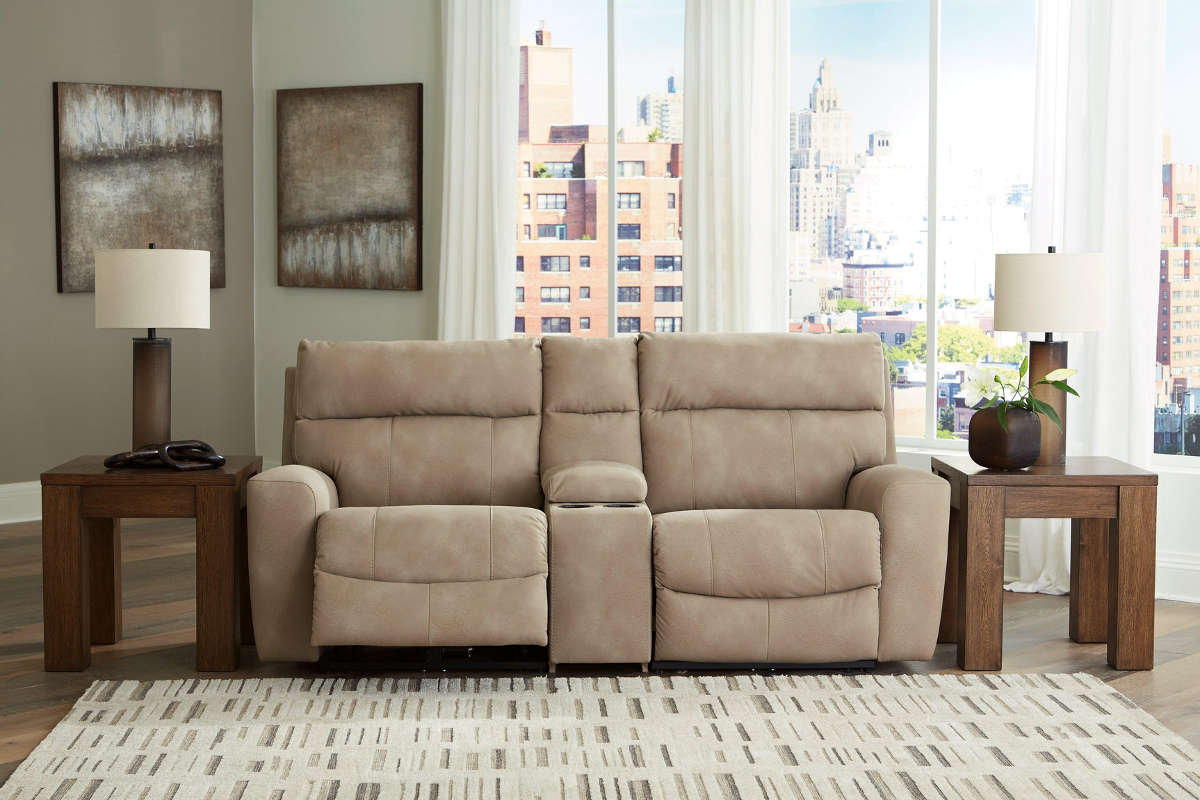 Next-Gen DuraPella Sand 3-Piece Power Reclining Sectional Loveseat with Console - Ella Furniture