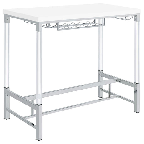 Norcrest Pub Height Bar Table With Acrylic Legs And Wine Storage White High Gloss 182101 - Ella Furniture