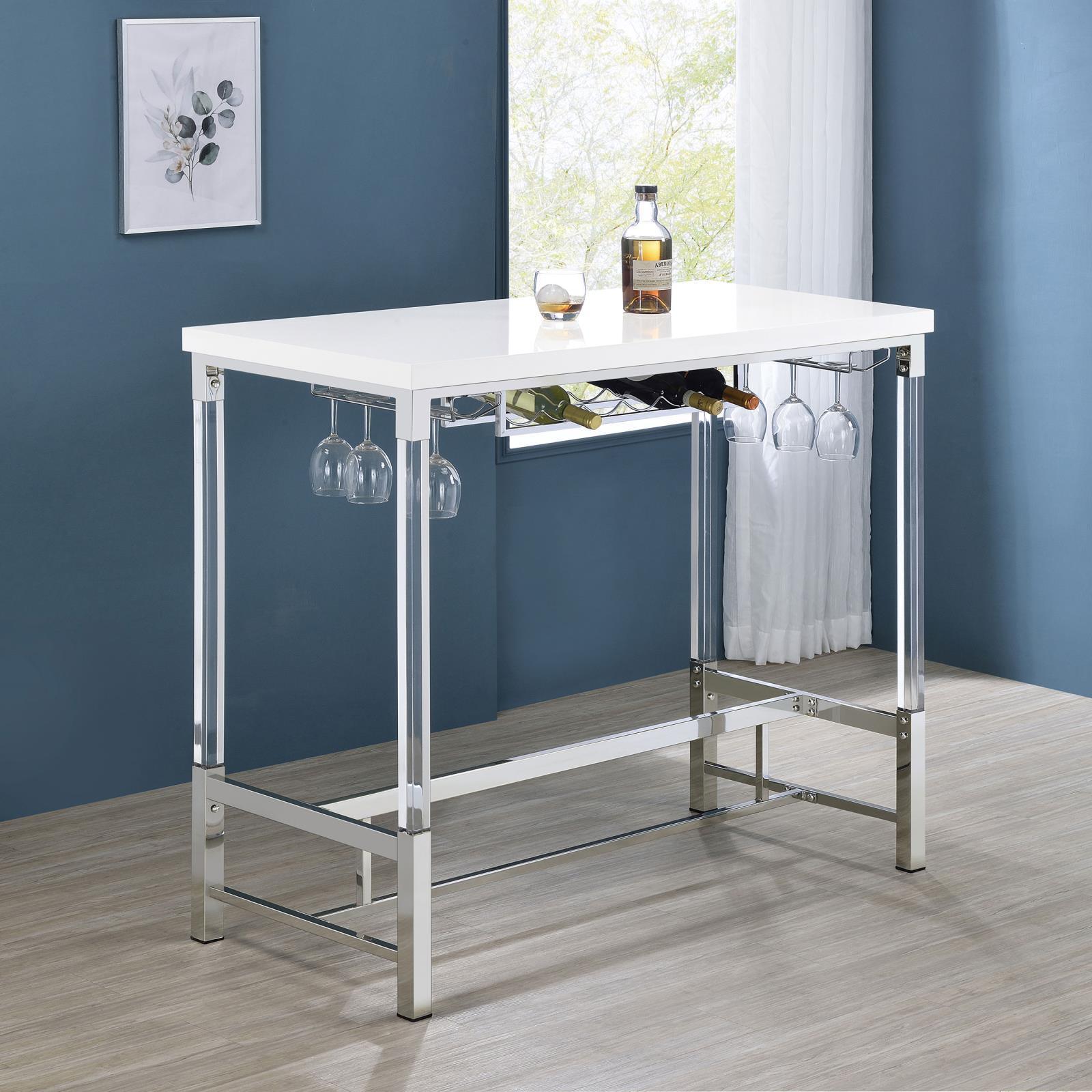 Norcrest Pub Height Bar Table With Acrylic Legs And Wine Storage White High Gloss 182101 - Ella Furniture