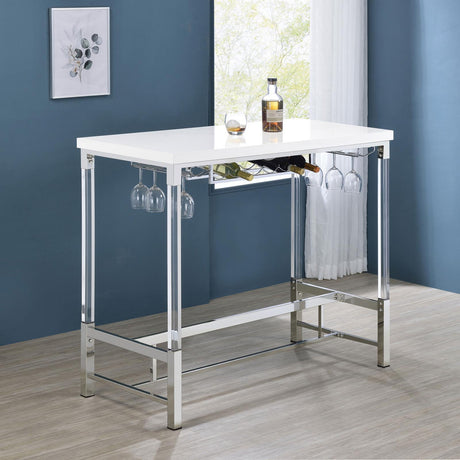 Norcrest Pub Height Bar Table With Acrylic Legs And Wine Storage White High Gloss 182101 - Ella Furniture